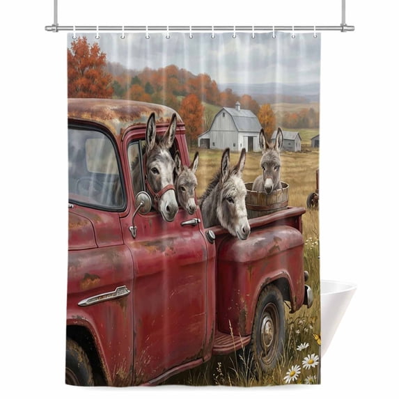 Farm Donkey Animal Shower Curtain, Vintage Red Truck Daisy Brown Tree House Waterproof Shower Curtain Set with 12 Hooks Lightweight Bath Curtains Fabric Bathroom Decor 60x72 Inches