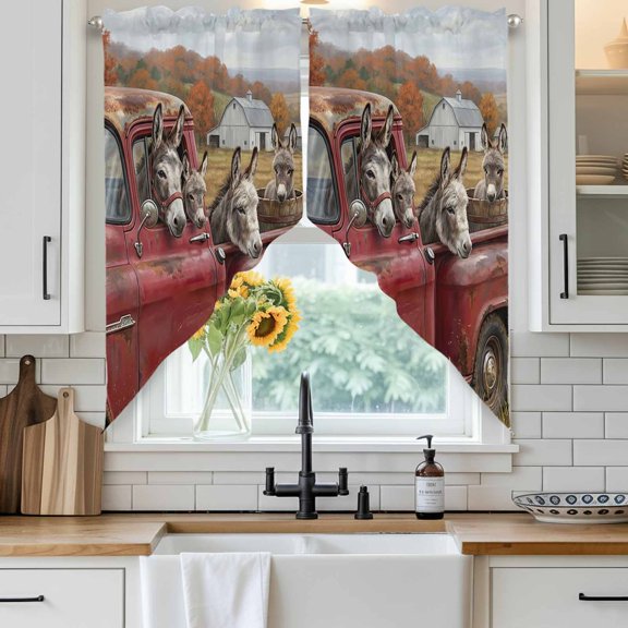 Farm Donkey Animal Swag Curtain Valance for Windows, Vintage Red Truck Daisy Brown Tree House Window Treatments Short Swag Topper for Kitchen Windows Bathroom Bedroom, 36"x36"
