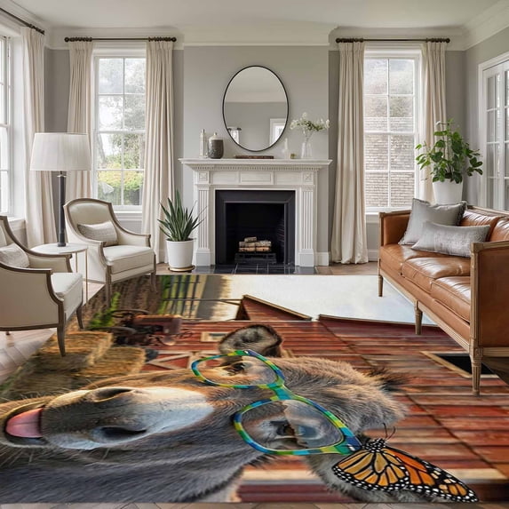 Farm Donkeys Area Rug 5x7 Washable Rug Non Slip Farmhouse Barn Funny Animals Butterfly Large Area Rug Soft Stainresistant Indoor Floor Carpet for Living Room Bedroom Home Office Dining Room Nursery