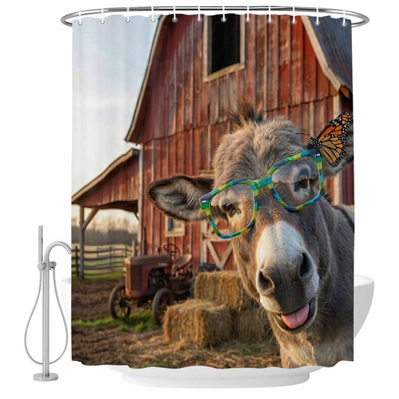 Farm Donkeys Shower Curtain, Waterproof Shower Curtains for Bathroom, Farmhouse Barn Funny Animals Butterfly Washable Fabric Bathtub Curtain Set Bath Decor with 12 Hooks 72"x78"