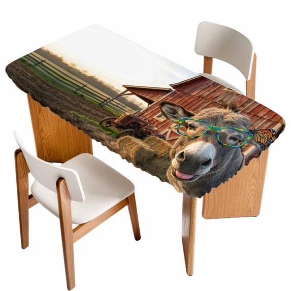 Farm Donkeys Table Cloths for 6 Foot Rectangle Tables, Farmhouse Barn Funny Animals Butterfly Patio Waterproof Elastic Fitted Tablecloths, Washable Rectangular Table Cover for Camping