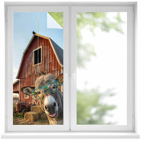 Farm Donkeys Window Privacy Film, Farmhouse Barn Funny Animals Butterfly Static Cling UV Sun Blocking Heat Control Window Tint Day and Night, Non-Adhesive One Way Windows Privacy Cover 17.7''x39.3''