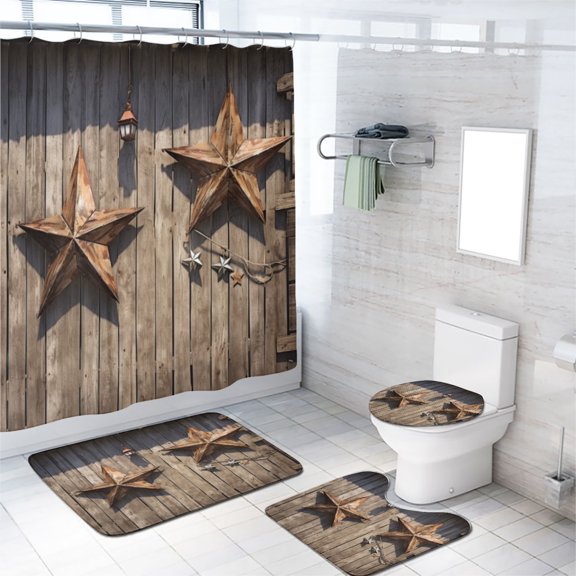 Farm Door 4 Piece Shower Curtain Sets Rustic Stars Barn Rural Village Country Waterproof Fabric Cloth Bath Curtain, Non-Slip Bathroom Rugs Bath Mats, 72x72 Inch