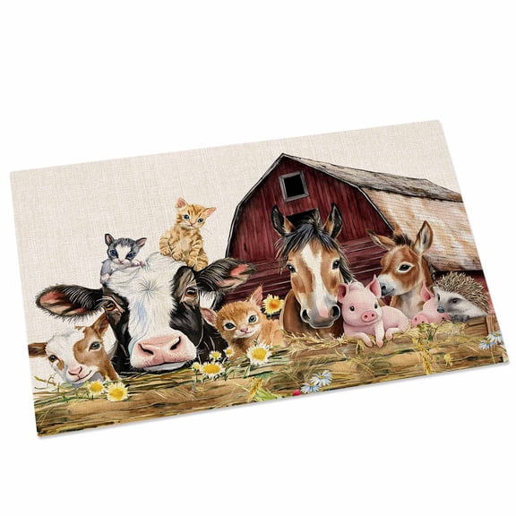 Farm Door Mat 16x24 Inch Barn Horse Sheep Cat Animal Country Retro Linen Background Entryway Rug with Non-Slip Rubber, Front Door Rug Indoor Floor Mats for Living Room Bathroom Bedroom Home Office