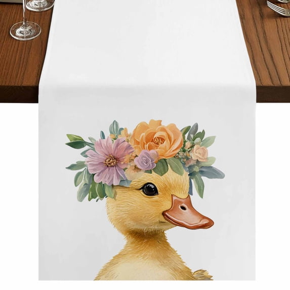 Farm Duck Flower 108 Inch Table Runner, Wildflower Garden Motifs Floral Garland Farmhouse Dresser Scarf Cotton & Linen Tablerunner for Dining/Kitchen Island/Holiday Party Décor 13" x 108"