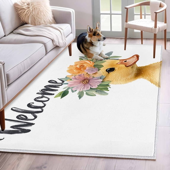 Farm Duck Flower Area Rug 4x6 Washable Rug Non Slip Wildflower Garden Motifs Floral Garland Large Area Rug Indoor Floor Carpet for Entryway Bedroom Kitchen Living Room Home Office Dining Room Nursery