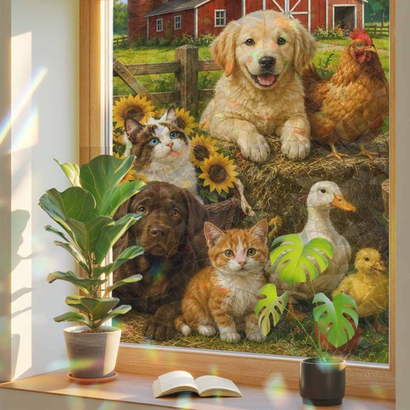 Farm Duck Pig Cat Sheep Pattern Window Privacy Film, Rainbow Film Decorative Window Sticker 17.7x39.3in, Red Barn Puppy Sun Blocking Static Stained Glass Cling Tint Non-Adhesive