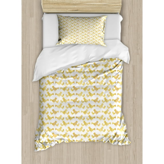 Farm Duvet Cover Set, Chicken Silhouettes in Yellow Gold Tone Watercolor Paintbrush Shower, Decorative 2 Piece Bedding Set with 1 Pillow Shams, Twin Size, Pale Coffee White, by Ambesonne