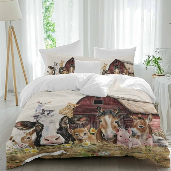 Farm Duvet Cover Set Full Size Barn Horse Sheep Cat Animal Country Retro Linen Background Soft Lightweight Comforter Covers 4 Piece Bedding Set with 1 Duvet Cover 1 Bed Sheet & 2 Pillow Shams
