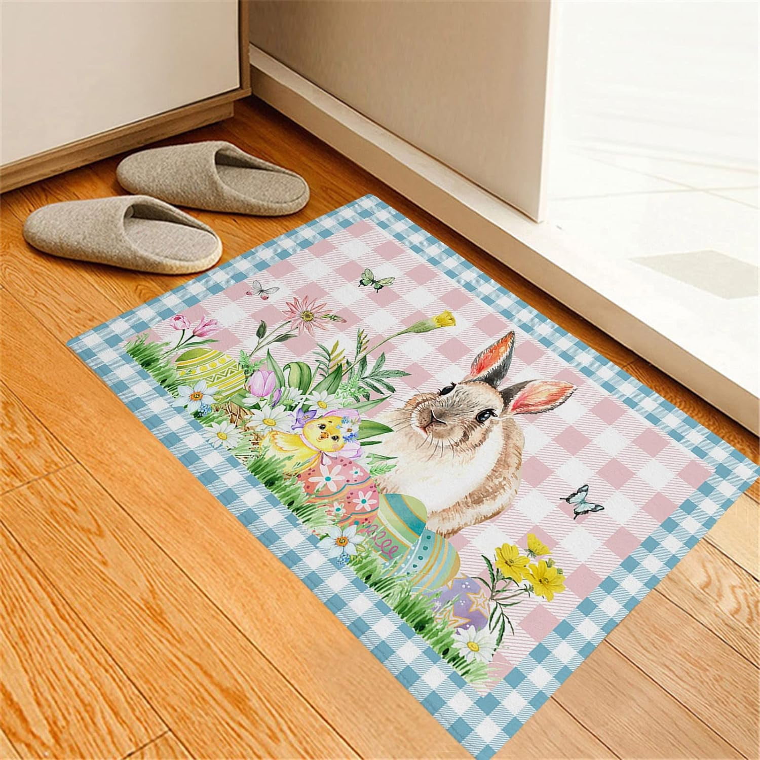 Farm Easter Door Mat Indoor Bathroom Rug Soft Carpet, Rabbit Colorful Eggs Washable Kitchen