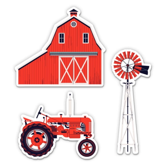 Farm Elements Red Barn Tractor Windmill Set of 3 - 6" Each Vinyl Stickers - For Car Laptop I-Pad - Waterproof Decals