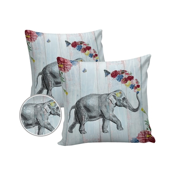 Farm Elephant with Colorful Flowers Outdoor Pillow Covers Set of 2, Decorative Waterproof Throw Pillow Case, Wooden Texture Cotton Linen Soft Cozy Cushion Pillowcases
