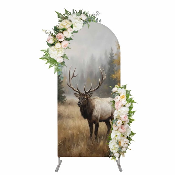 Farm Elk Arch Backdrop Cover 4FT, Farmhouse Animals Lodge Forest Wilderness Spandex Fitted Stretchy Arch Stand Covers, Round Top Chiara Backdrop Cover for Wedding Party Birthday Baby Shower