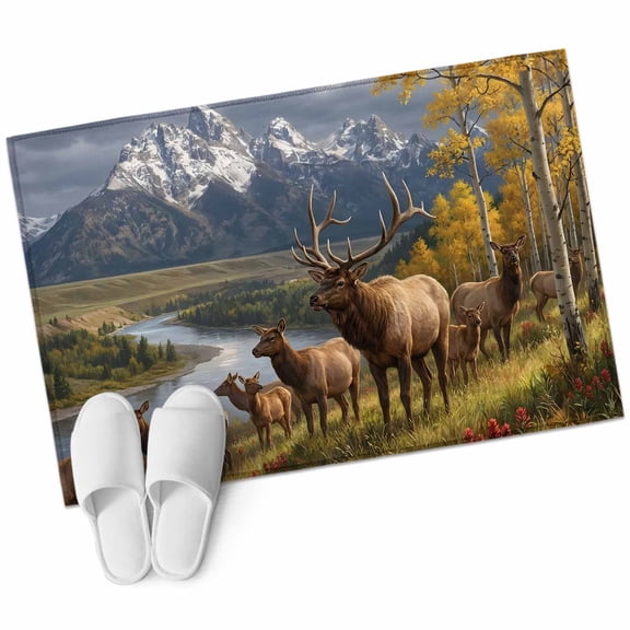 Farm Elk Bathroom Rug Washable 2x3 Entryway Rug Non Slip Farmhouse Mountain Forest Golden Yellow River Front Door Mat Low Pile Indoor Doormat Throw Floor Carpet for Kitchen Bedroom Entrance