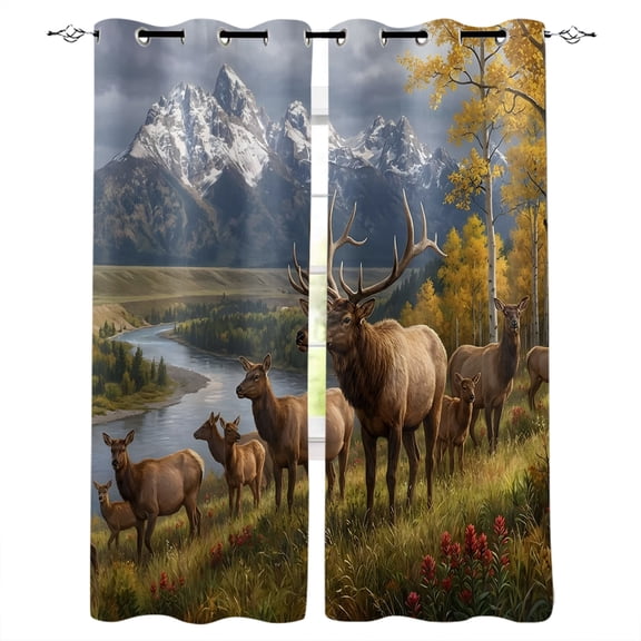 Farm Elk Kitchen Curtains Farmhouse Mountain Forest Golden Yellow River Cafe Short Curtains for Bathroom Blackout Window Curtain Small Window Treatment Tier Drapes for Bedroom Living Room 27.5"x39"x2