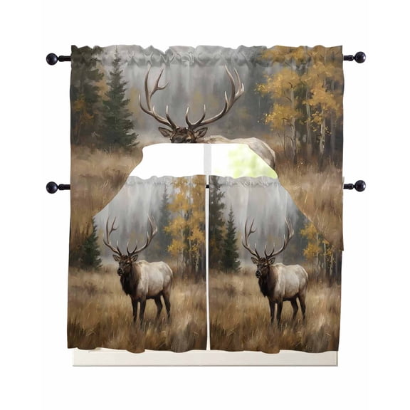 Farm Elk Kitchen Curtains Sets 36 Inch Length with Valance, Farmhouse Animals Lodge Forest Wilderness Swag Valances and Tiers Curtain Set Drapes Swag Curtains for Living Room, Bathroom, Bedroom, Cafe