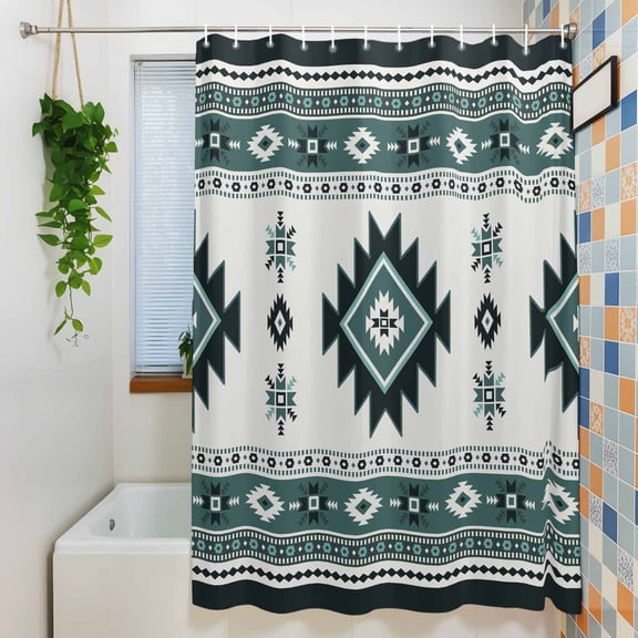 Farm Ethnic Tribal Green Pattern Shower Curtain for Bathroom, Aztec Abstract Geometric Art Waterproof Shower Curtains Washable Quick Dry with Hooks Bathtub Curtains 60x72IN