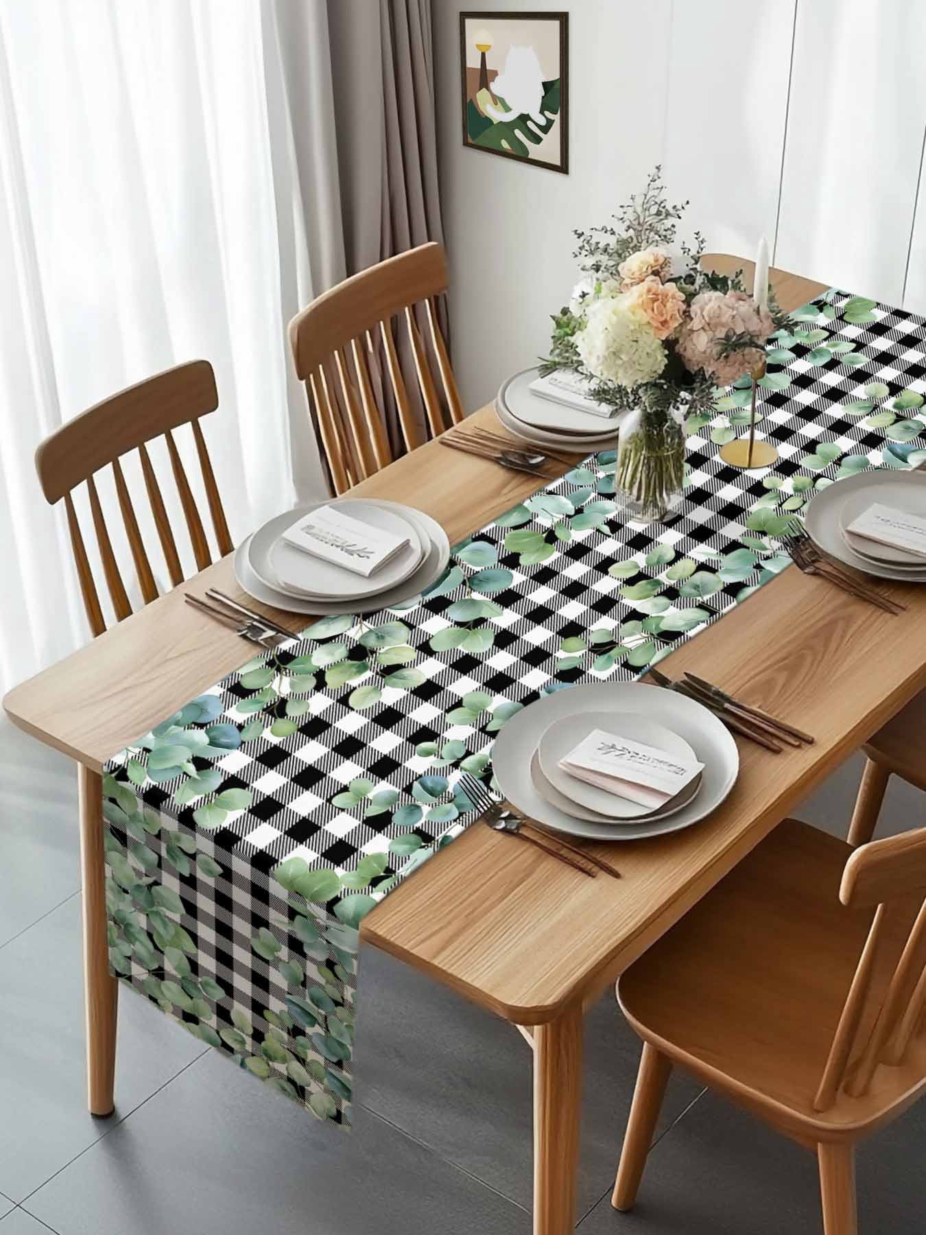 Farm Eucalyptus Leaves Table Runner 90 Inches Long, Geometric Black White Plaid Table Runners Tabletop Scarf Kitchen Dining Tables Decoration for Home Party Indoor Outdoor