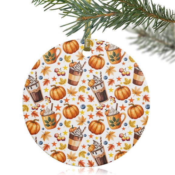 Farm Fall Maple Leaf Pumpkin Latte Christmas Ceramic Ornament 2025,3" Round Xmas Tree Hanging Accessories with Gold Ribbon,Seamless Coffee Berry Pendant Ornaments for Holiday Gift Home Party Decor