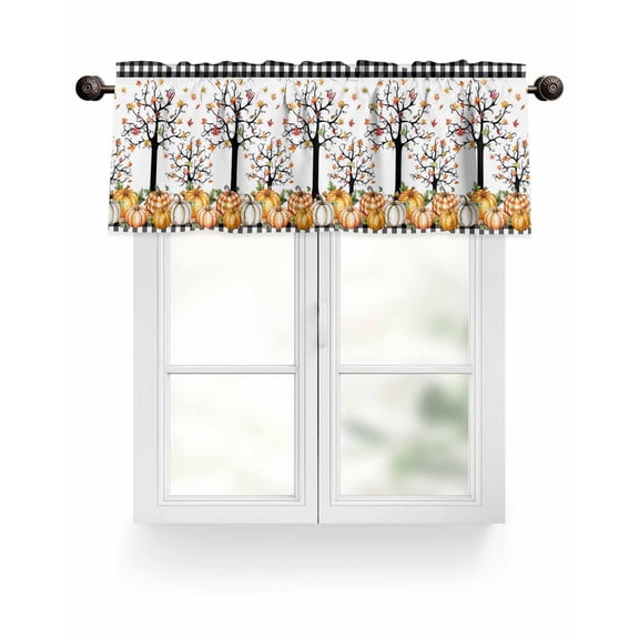 Farm Fall Thanksgiving Kitchen Valances for Windows Orange Plaid Pumpkin Maple Leaf Valance Curtains for Kitchen /Living Room/Bedroom/ Bathroom Decor, 54"x18 " ,Rod Pocket 1 Panel,