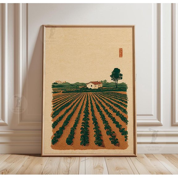 Farm Field Poster Minimal Landscape Art Rustic Crop Rows Wall Decor, Unframed Poster
