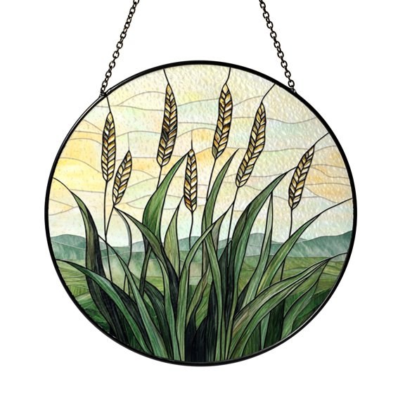 Farm Field Wheat Glass Suncatcher Round Window Hanging, Warm Rural Style Home Accent