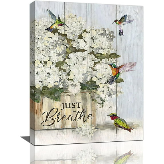 Farm Flower Bathroom Decor Wall Art Rustic Farmhouse Floral Hummingbird Just Breathe Wooden Pictures Wall Decor Canvas Painting Prints Artwork Home Decorations Framed for Bedroom Kitchen 16"x20"