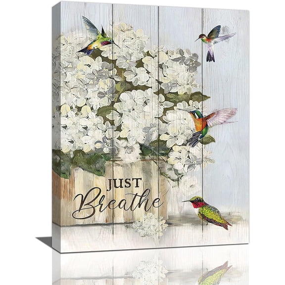 Farm Flower Bathroom Decor Wall Art Rustic Farmhouse Floral Hummingbird Just Breathe Wooden Pictures Wall Decor Canvas Painting Prints Artwork Home Decorations Framed for Bedroom Kitchen 12"x16"