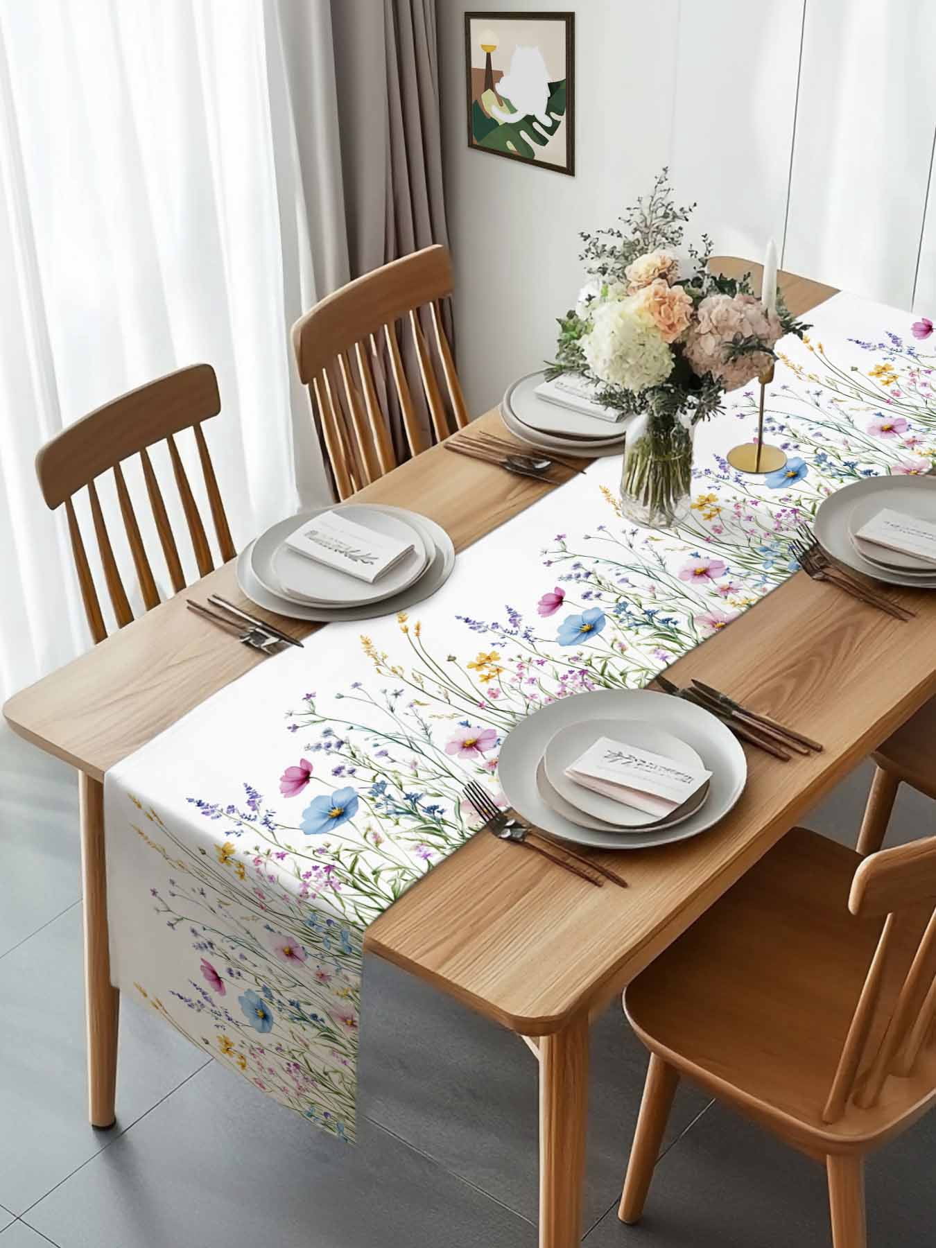 Farm Flower Watercolor Wildflower Table Runner 90 Inches Long, Farm Plant on White Table Runners Tabletop Scarf Kitchen Dining Tables Decoration for Home Party Indoor Outdoor