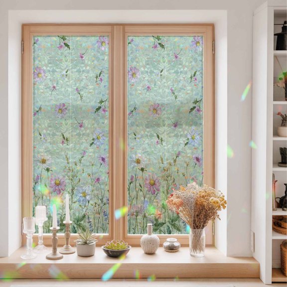 Farm Flower Wildflower Herb Window Privacy Film,Decorative Windows Static Cling Watercolor Floral on Green Heat Control Removable Glass Sticker for Home Bathroom Bedroom Window Door,23.6x59in