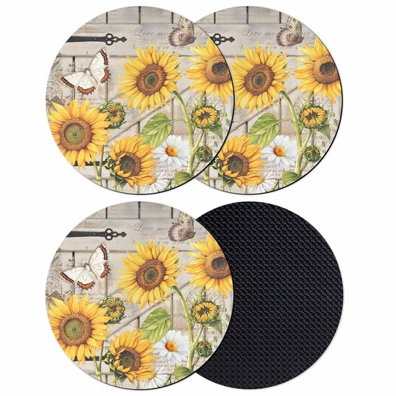Farm Flowers Coasters Set of 4, Absorbent Coasters for Drinks, Retro Sunflowers Barn Doors Butterfly Wood Board Coaster for Desk Coffee Table Protection, Home Decor House Warming Gifts 4"