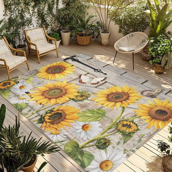 Farm Flowers Outdoor Rug 6x9 Ft - Reversible Patio Rug Outdoor Camping Rugs, Retro Sunflowers Barn Doors Butterfly Wood Board Indoor Outdoor Area Rugs, Non-Slip Outdoor Carpet Runner for Deck/Porch