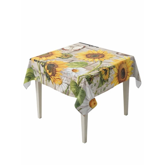 Farm Flowers Suqare Tablecloth - 60 x 60 Inch, Retro Sunflowers Barn Doors Butterfly Wood Board Waterproof & StainResistant Tablecloth, Washable Oil-proof Table Cover for Dining/Party/Wedding/Buffet