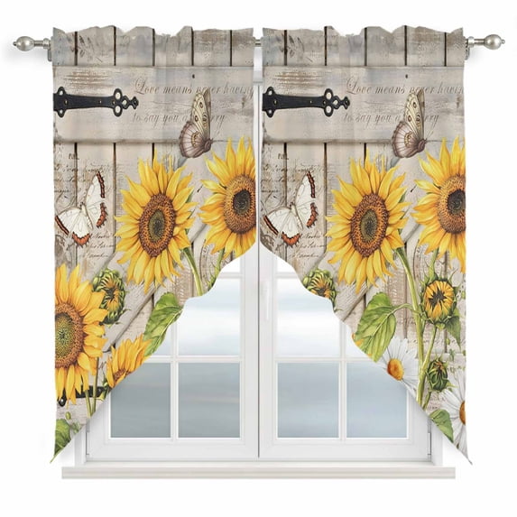Farm Flowers Swag Valances for Windows 2 Pack, Kitchen Window Curtains 36 Inch Length, Retro Sunflowers Barn Doors Butterfly Wood Board Privacy Swag Curtains for Living Room/Bathroom 36"x36"