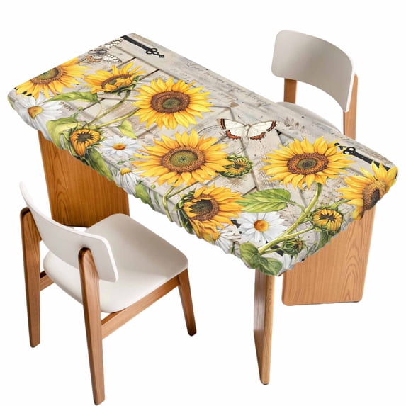 Farm Flowers Table Cloths for 4 Foot Rectangle Tables, Retro Sunflowers Barn Doors Butterfly Wood Board Patio Waterproof Elastic Fitted Tablecloths, Washable Rectangular Table Cover for Camping