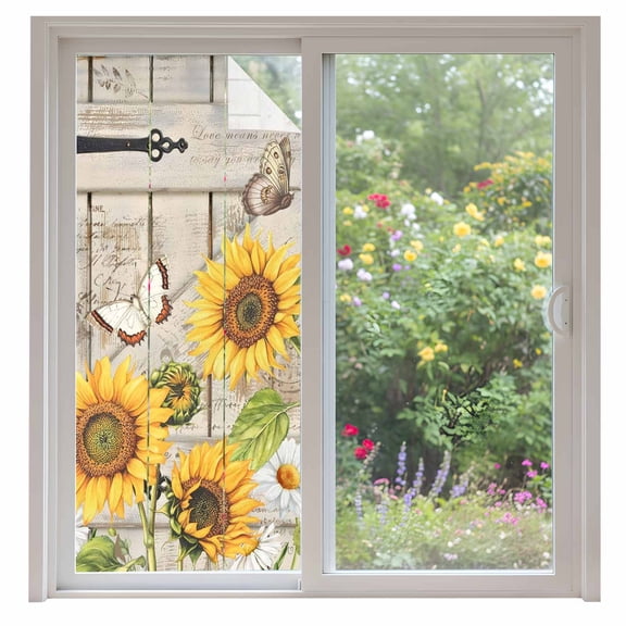 Farm Flowers Window Privacy Film,Retro Sunflowers Barn Doors Butterfly Wood Board Static Cling UV Sun Blocking Heat Control Window Tint Day and Night,Non-Adhesive One Way Privacy Cover 35.4''x78.7''