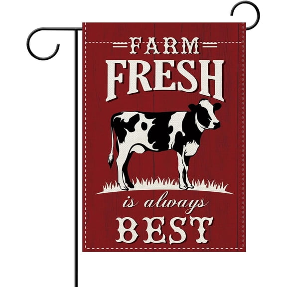 Farm Fresh is Always Best Cow Decorative Garden Flag, Red Farmhouse Animal Barn Yard Outside Home Decoration, Rustic Country Farmer Burlap Outdoor Small Decor Double Sided 12 x 18