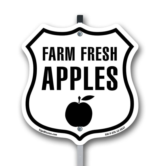 Farm Fresh Apples (possible list of other fruit) 12 inch X 12 inch Shield Shaped Rust-Free Aluminum Metal Sign with Aluminum Mounting Stake Weather Resistant Made in the USA