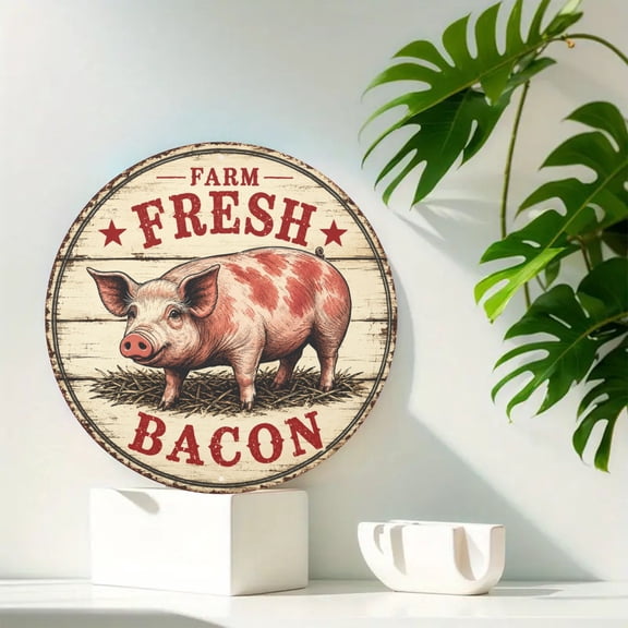 Farm Fresh Bacon Wreath Round Metal Tin Sign For Kitchen Dining Room Farmhouse Wall Decor 8x8 Inch Round