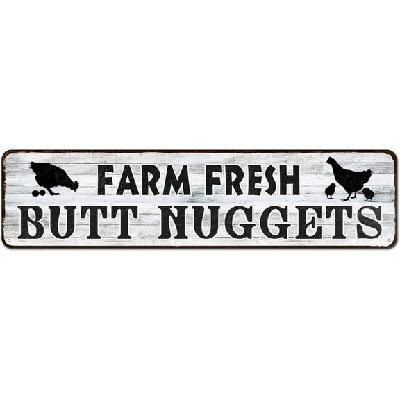 Farm Fresh Butt Nuggets Eggs Sign,Chicken Decor,Funny Hen House Coop Accessories or Rustic Kitchen Wall Art Plaque 4"x16", Country Home Decoration Farmhouse Barn Accent or Chicken Lover Gift