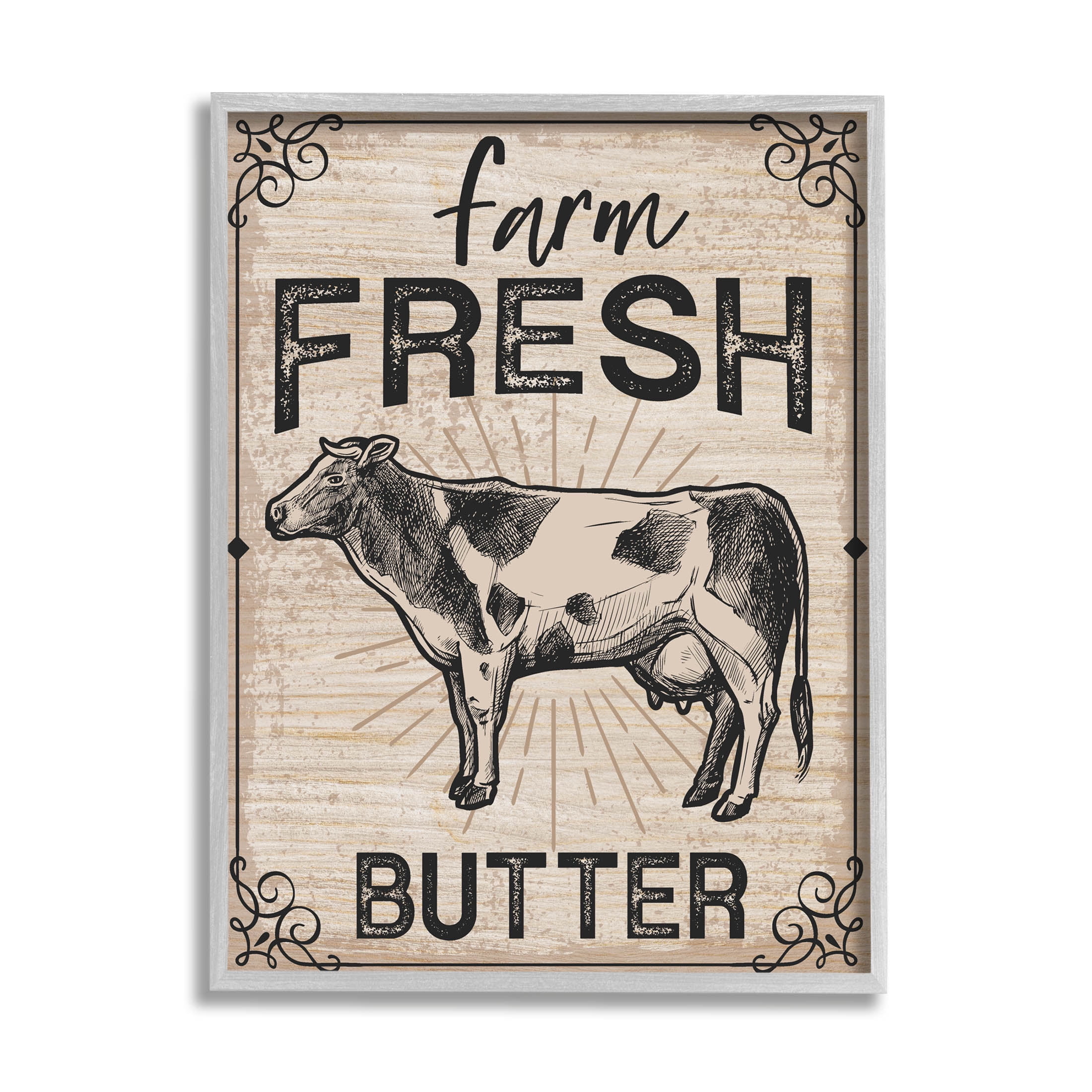 Farm Fresh Butter Vintage Sign Animals & Insects Graphic Art Gray Framed Art Print Wall Art
