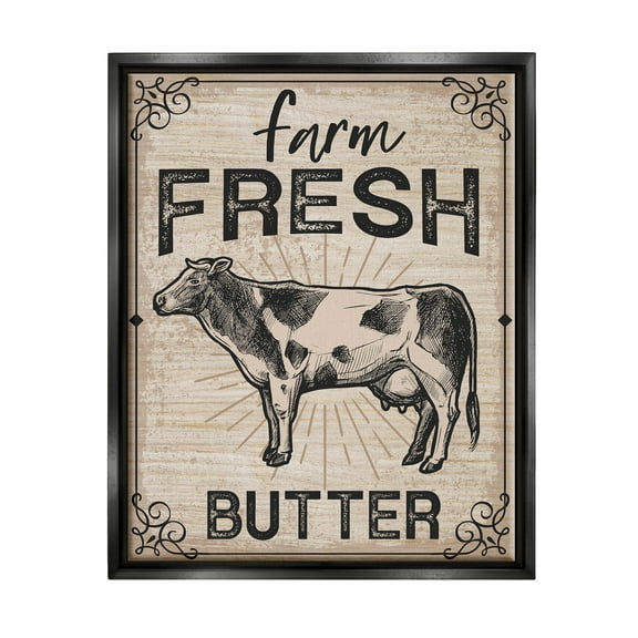 Farm Fresh Butter Vintage Sign Animals & Insects Graphic Art Jet Black Framed Art Print Wall Art