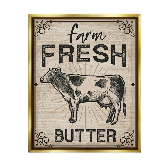 Farm Fresh Butter Vintage Sign Animals & Insects Graphic Art Metallic Gold Framed Art Print Wall Art