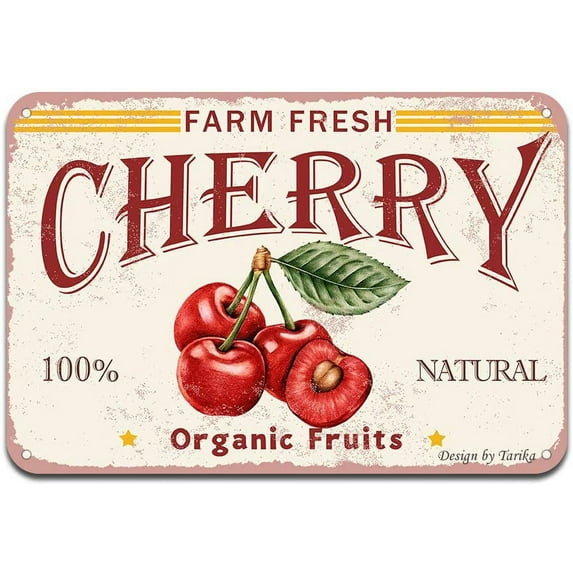 Farm Fresh Cherry 100% Nature Organic Fruit Iron Poster Painting Tin Sign Vintage Wall Decor for Cafe Bar Pub Home Beer Decoration Crafts