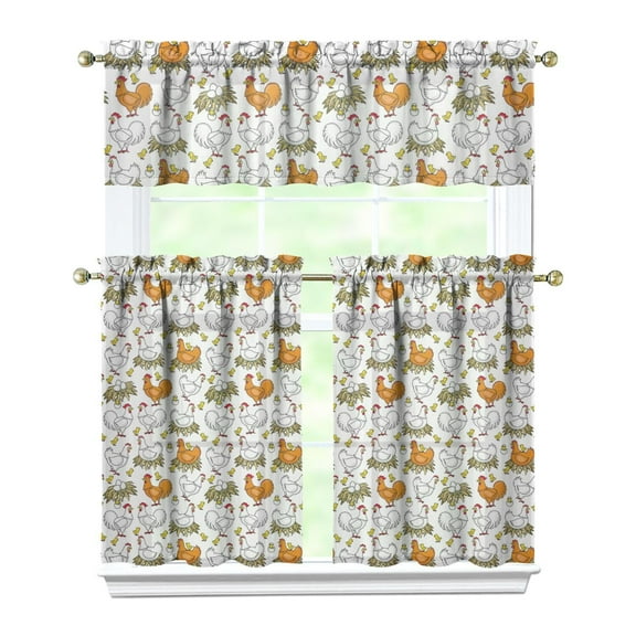 Farm Fresh Chicken Print Kitchen Curtains 3-Piece Set - Hen & Egg Retro Art, Semi-Sheer Caf Curtains with Valance