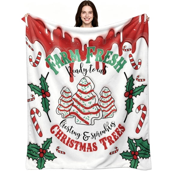 Farm Fresh Christmas Tree Cakes Flannel Blanket, Cozy Festive Xmas Holiday Throw for Couch Bed Sofa, Soft Warm Winter Home Decor, Cute Fun Christmas Gift for Family Friends