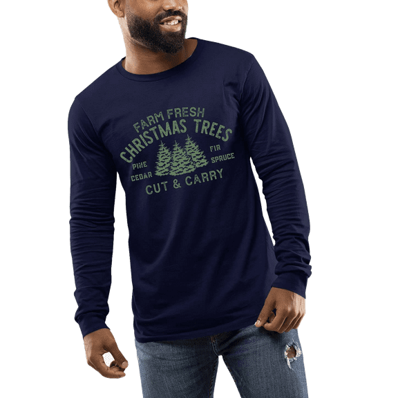Farm Fresh Christmas Tree Cut and Carry Holiday Shirt Mens Long Sleeve T-shirt Christmas Graphic Tee-Navy-large