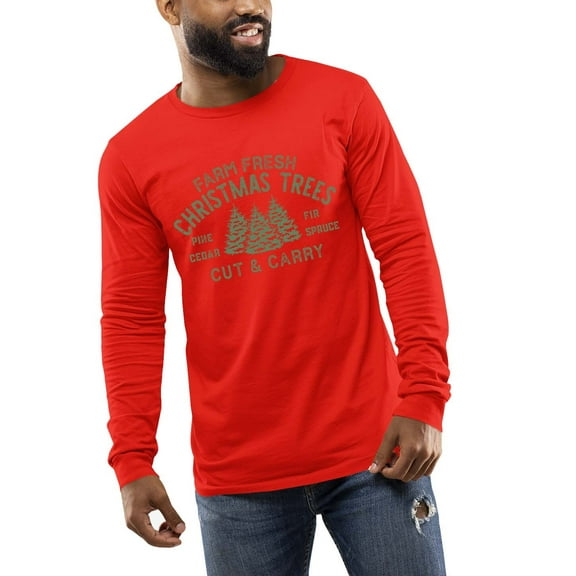 Farm Fresh Christmas Tree Cut and Carry Holiday Shirt Mens Long Sleeve T-shirt Christmas Graphic Tee-Red-large
