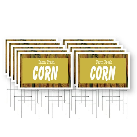 Farm Fresh Corn Yard Sign 10 Pack of 24 Inch x 36 Inch Single Sided Weatherproof Heavy-Duty Plastic with Stake | Locally Grown, Sweet Harvest, Seasonal Favorites | Made in USA