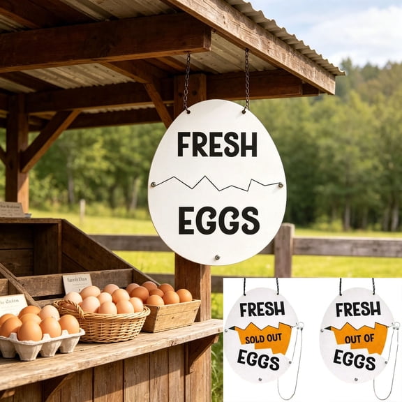 Farm Fresh Eggs Metal Hanging Sign - Double-Sided Egg-Shaped Reversible Status Plaque